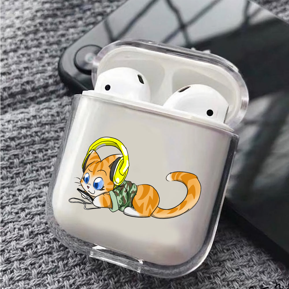 Cute Cat Enjoy The Music Protective Clear Case Cover For Apple Airpods